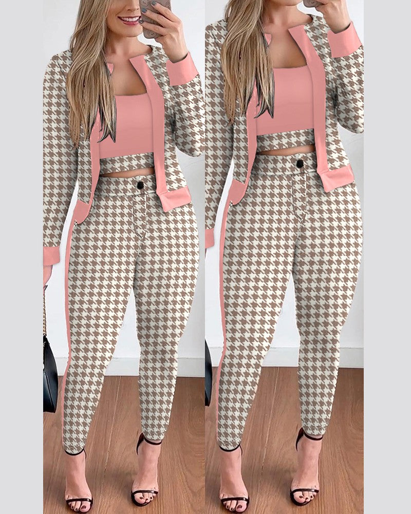 3pc Houndstooth Top and Pants With Belt