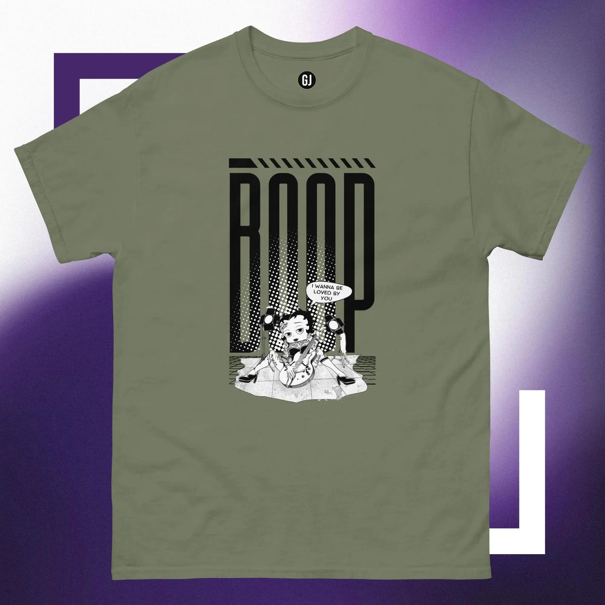 This exclusive tee showcases Betty Boop, reimagined in a unique and striking artistic style. Adorned with intricate tattoos that highlight her iconic charm, she plays a guitar with a seductive flair, exuding both confidence and retro glamour.