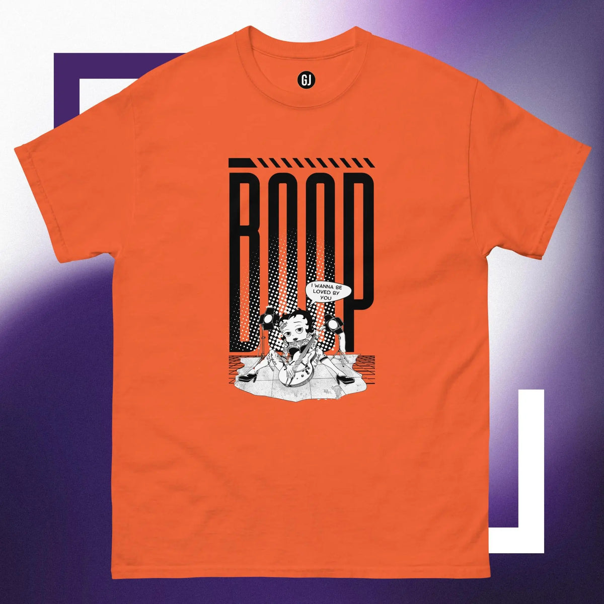 This exclusive tee showcases Betty Boop, reimagined in a unique and striking artistic style. Adorned with intricate tattoos that highlight her iconic charm, she plays a guitar with a seductive flair, exuding both confidence and retro glamour.