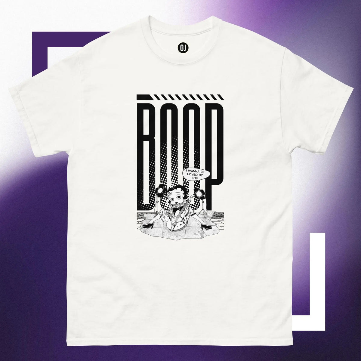 This exclusive tee showcases Betty Boop, reimagined in a unique and striking artistic style. Adorned with intricate tattoos that highlight her iconic charm, she plays a guitar with a seductive flair, exuding both confidence and retro glamour.