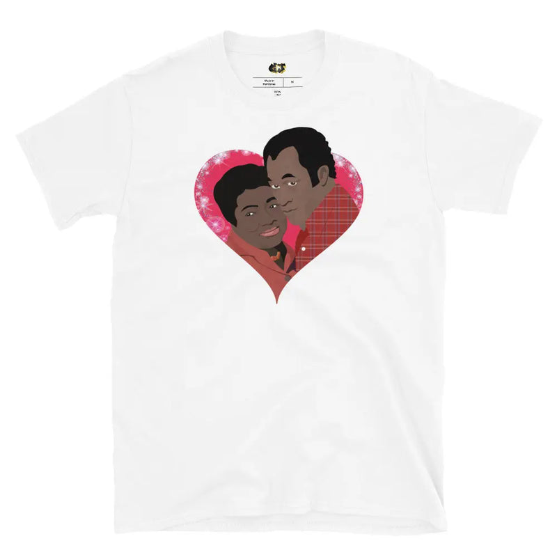 "Good Times Love" t-shirt, featuring a vibrant pop art illustration of James and Florida Evans from the beloved show *Good Times*