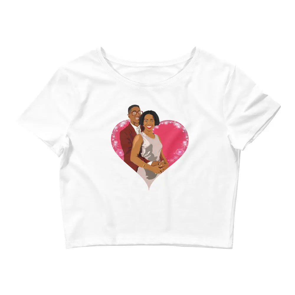 Embrace your love with a nostalgic twist in our "Urkel & Winslow Forever" cropped t-shirt, featuring a vibrant pop art illustration of Steve Urkel and Laura Winslow from the classic TV show *Family Matters*.