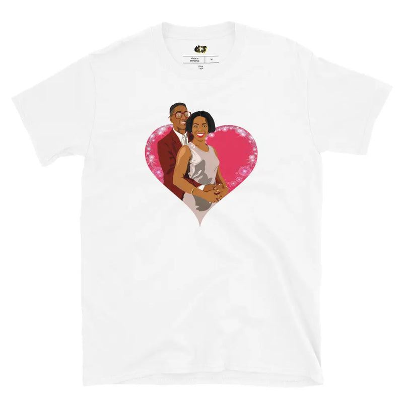 Embrace your love with a nostalgic twist in our "Urkel & Winslow Forever" t-shirt, featuring a vibrant pop art illustration of Steve Urkel and Laura Winslow from the classic TV show *Family Matters*.