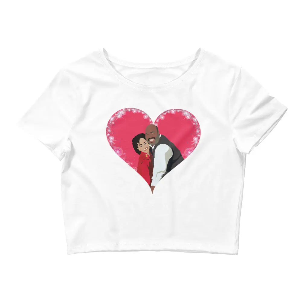 Show off your love and nostalgia with our "Bel-Air Romance" white crop t-shirt, featuring a vibrant pop art illustration of Uncle Phil and Aunt Vivian from the iconic TV show *The Fresh Prince of Bel-Air*.