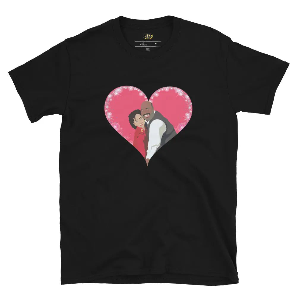 "Bel-Air Romance" Black T-shirt, featuring a vibrant pop art illustration of Uncle Phil and Aunt Vivian from the iconic TV show *The Fresh Prince of Bel-Air*.