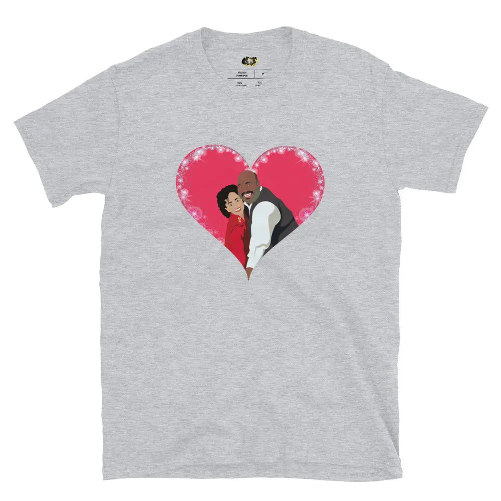 "Bel-Air Romance" Grey T-shirt, featuring a vibrant pop art illustration of Uncle Phil and Aunt Vivian from the iconic TV show *The Fresh Prince of Bel-Air*.