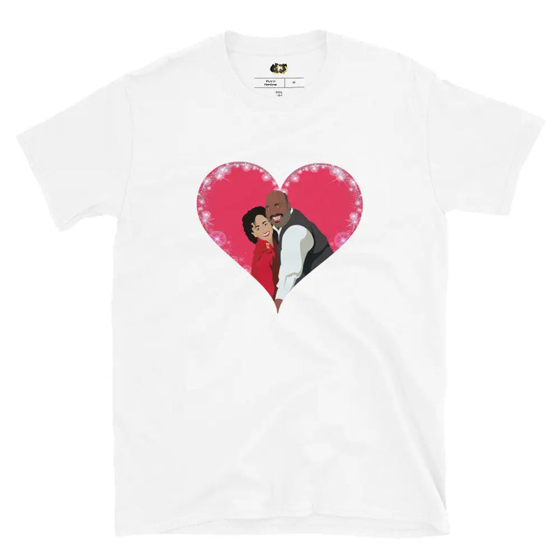 "Bel-Air Romance" White T-shirt, featuring a vibrant pop art illustration of Uncle Phil and Aunt Vivian from the iconic TV show *The Fresh Prince of Bel-Air*.