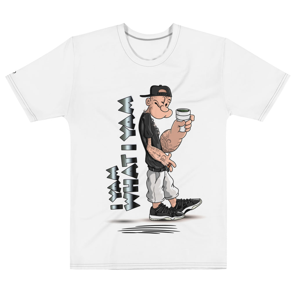 Popeye with tattoos wearing Air Jordan 72-10 Low Top 11's I Yam What I Yam T-shirt
