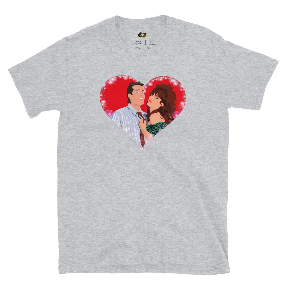 A playful pop art illustration of Al and Peggy Bundy from the classic TV show Married With Children. The shirt has the iconic couple wrapped in a warm embrace inside a shimmering heart, perfectly capturing their unique blend of humor and affection.