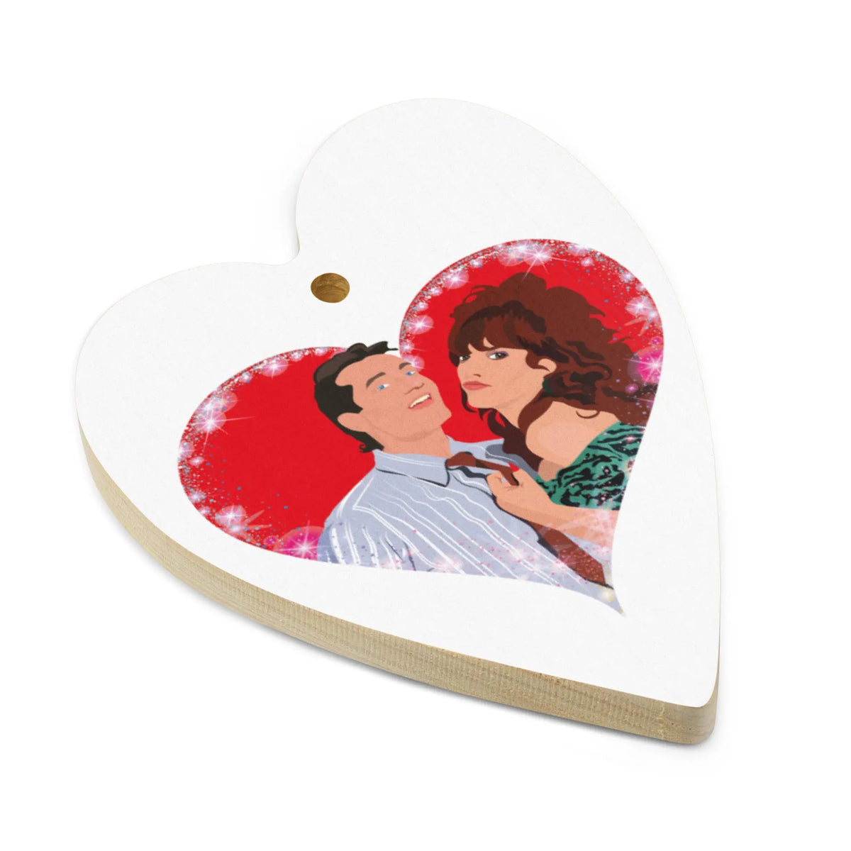 Al and Peggy Bundy-inspired wooden heart-shaped Christmas ornament featuring a festive couple design for holiday décor and gifting