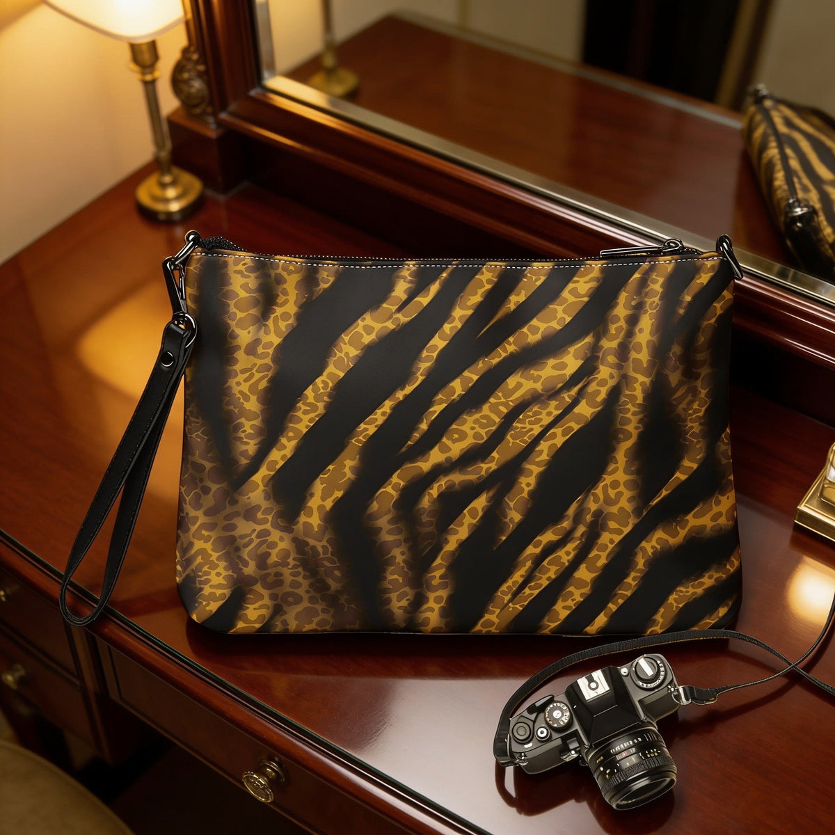 Tiger print women’s crossbody clutch bag styled on a wooden vanity table with a camera nearby