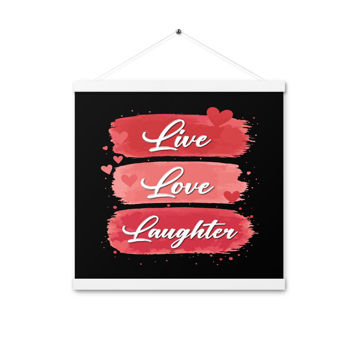 Live Love Laughter poster with wooden hangers featuring red hearts and romantic quote design | Graphic Jaw