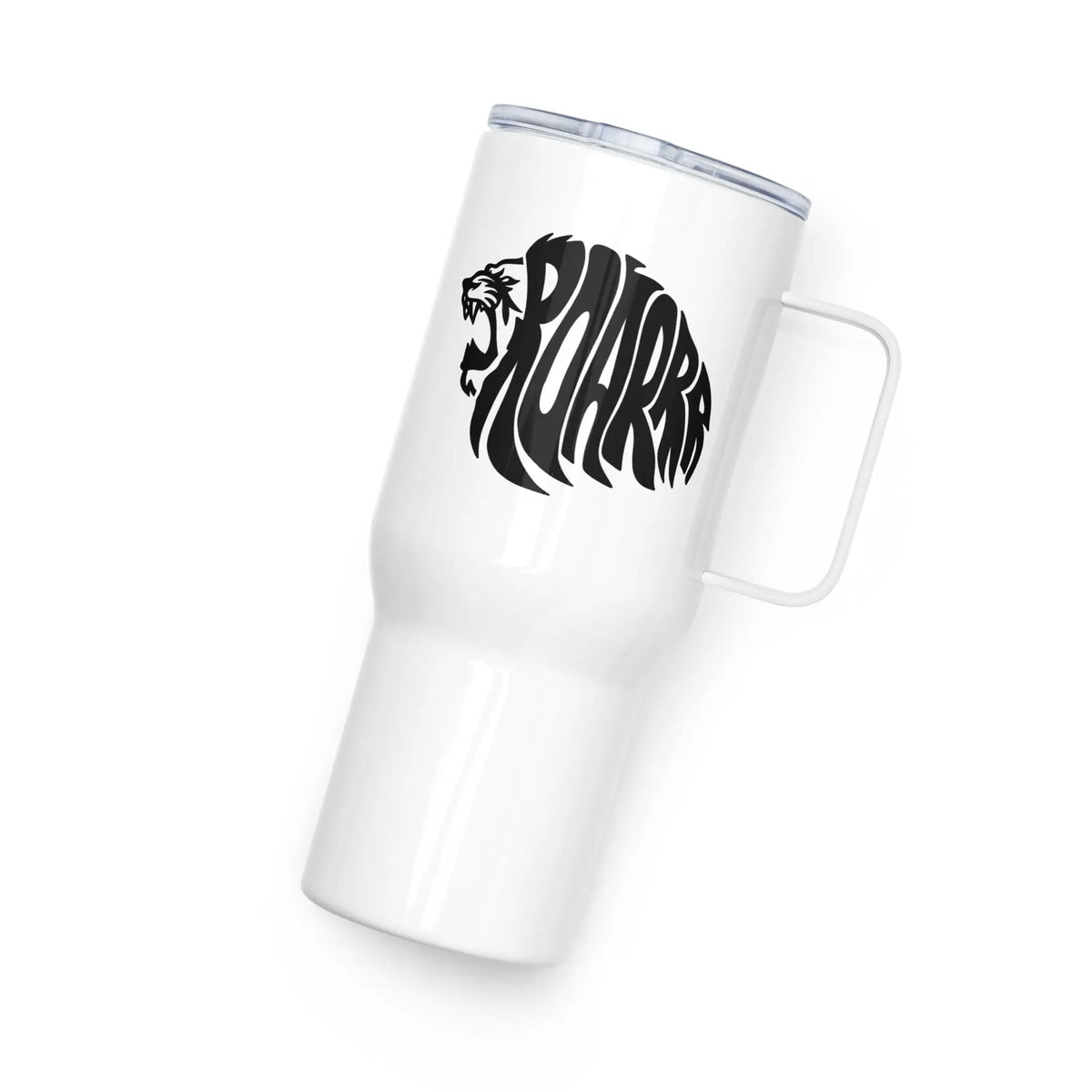 White stainless steel insulated tumbler with black ROAR lion head graphic and handle | Graphic Jaw
