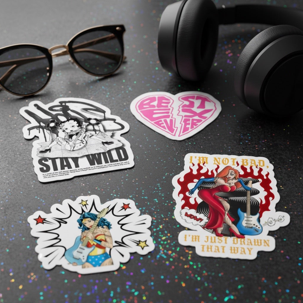 Retro rockstar cartoon vinyl sticker pack featuring vintage pinup, comic-style, and guitar girl character-inspired designs