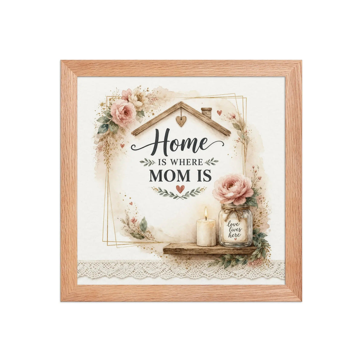 Framed poster with floral farmhouse design and the quote “Home is where mom is” in a light wood frame.
