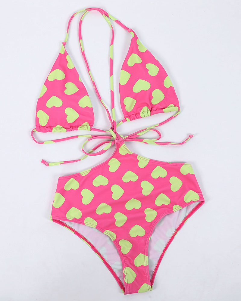 Heart Print Cutout Halter One-Piece Swimsuit