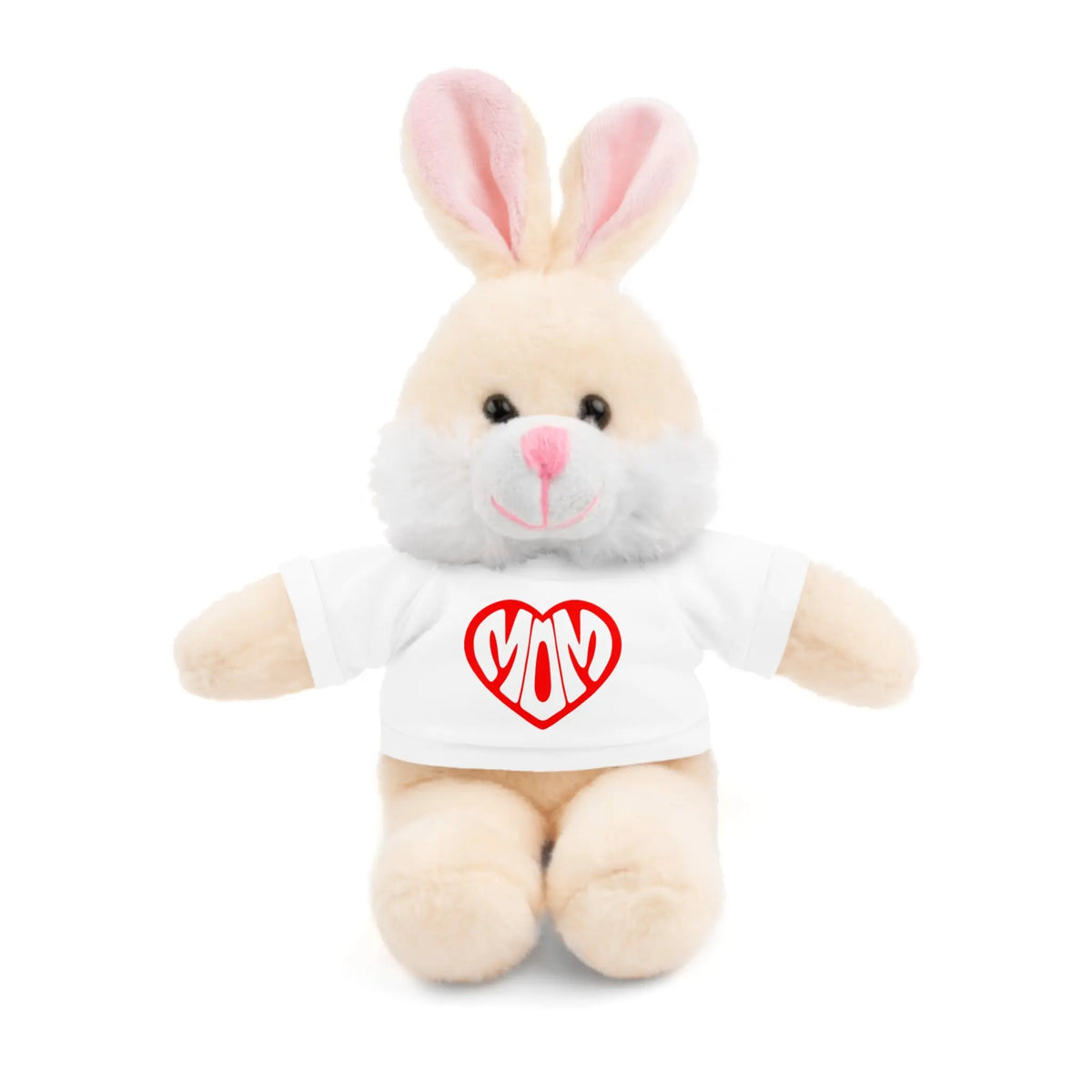 Adorable Stuffed Animal with 'Mom' Heart Tee - Perfect Gift for Mother's Day Bunny in a white t-shirt