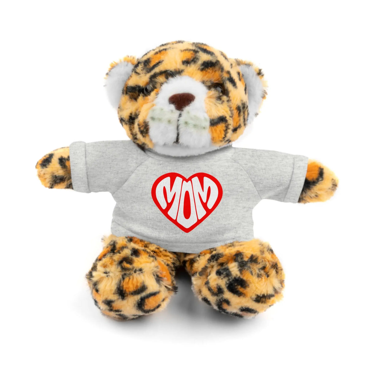 Adorable Stuffed Animal with 'Mom' Heart Tee - Perfect Gift for Mother's Day Jaguar in a grey t-shirt