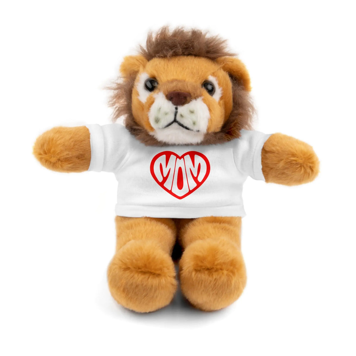 Adorable Stuffed Animal with 'Mom' Heart Tee - Perfect Gift for Mother's Day Lion in a white t-shirt
