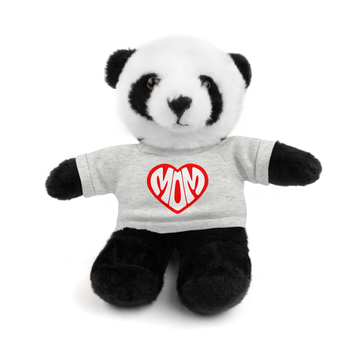 Adorable Stuffed Animal with 'Mom' Heart Tee - Perfect Gift for Mother's Day Panda in a grey t-shirt