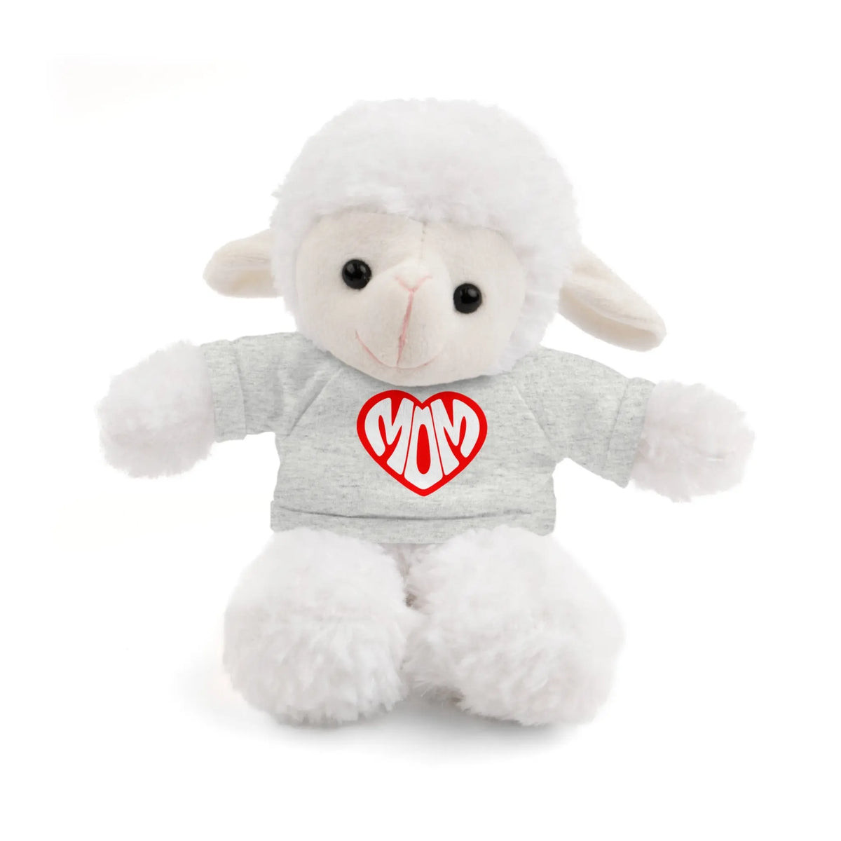 Adorable Stuffed Animal with 'Mom' Heart Tee - Perfect Gift for Mother's Day Sheep in a grey t-shirt