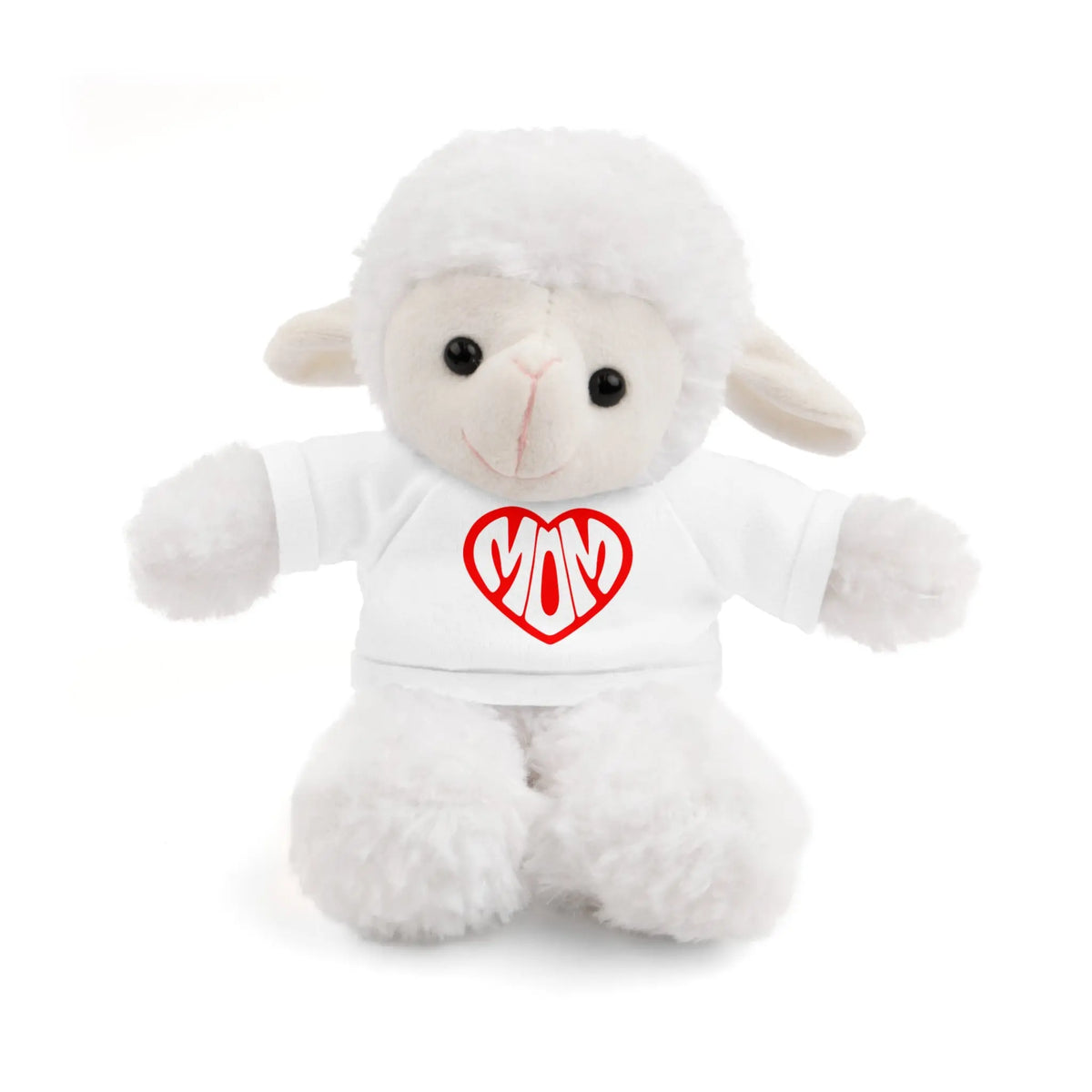 Adorable Stuffed Animal with 'Mom' Heart Tee - Perfect Gift for Mother's Day Sheep in a white t-shirt