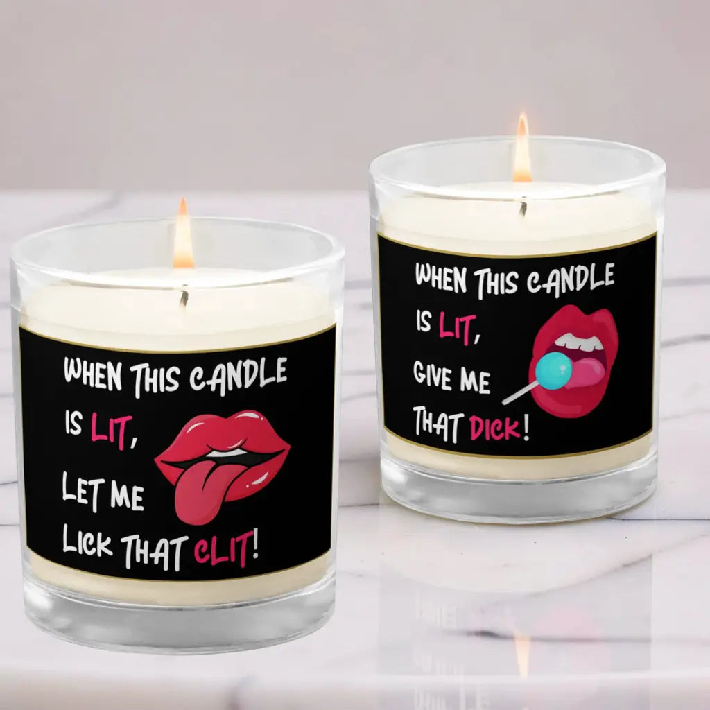 Two funny adult candles displayed as a bundle with bold quote labels and lips graphics