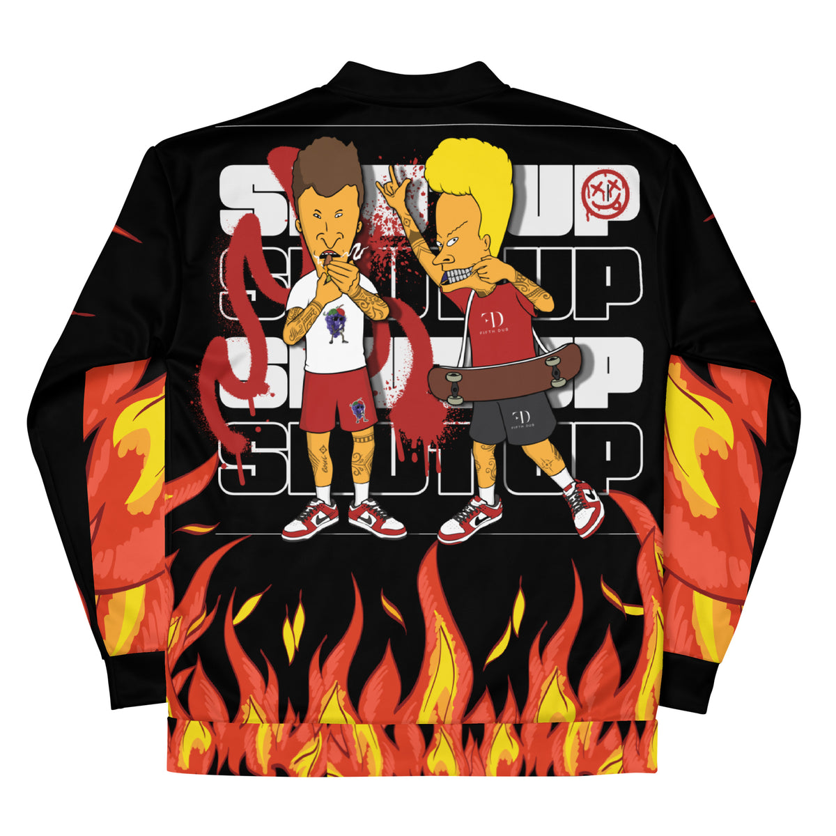 Streetwear Beavis and Butthead Firestorm Black Bomber Jacket. Bold and rebellious with a fiery graphic background saying shut up and “Heh Heh that was cool,” Beavis and Butthead draped in tattoos wearing diamond grillz sporting Nike Dunk shoes. Beavis and Butthead smoking blunts and skateboarding. 