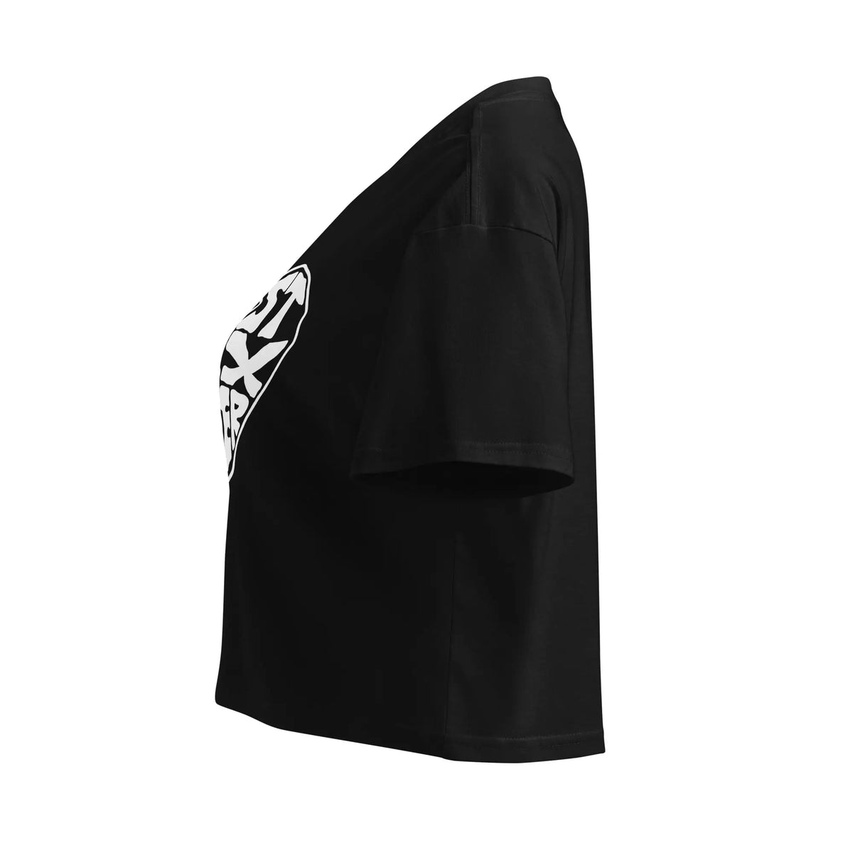Left side view of a black women’s crop top with white Best Ex Ever broken heart graphic design