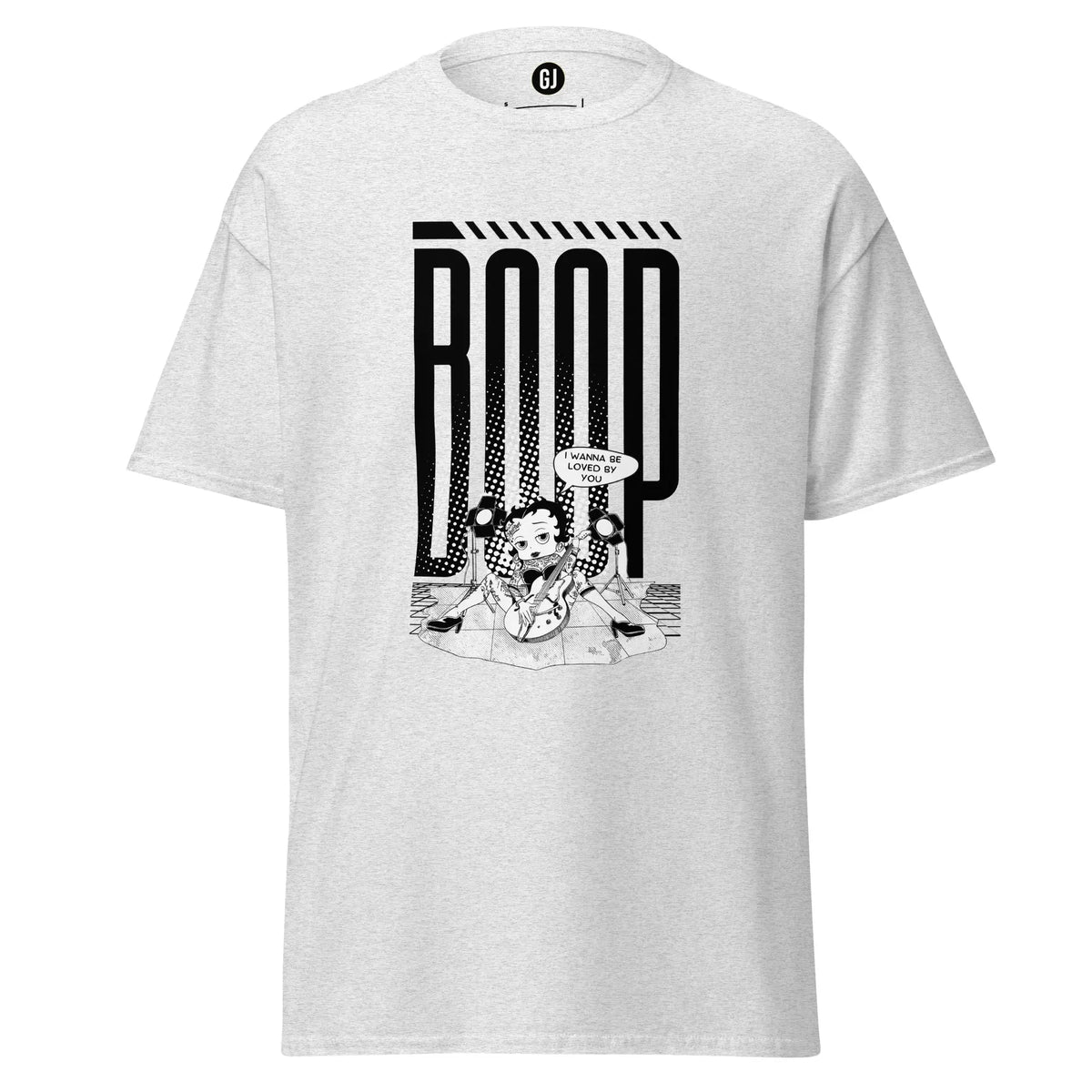 Ash graphic t-shirt featuring Betty Boop with guitar and bold pop-inspired stage design
