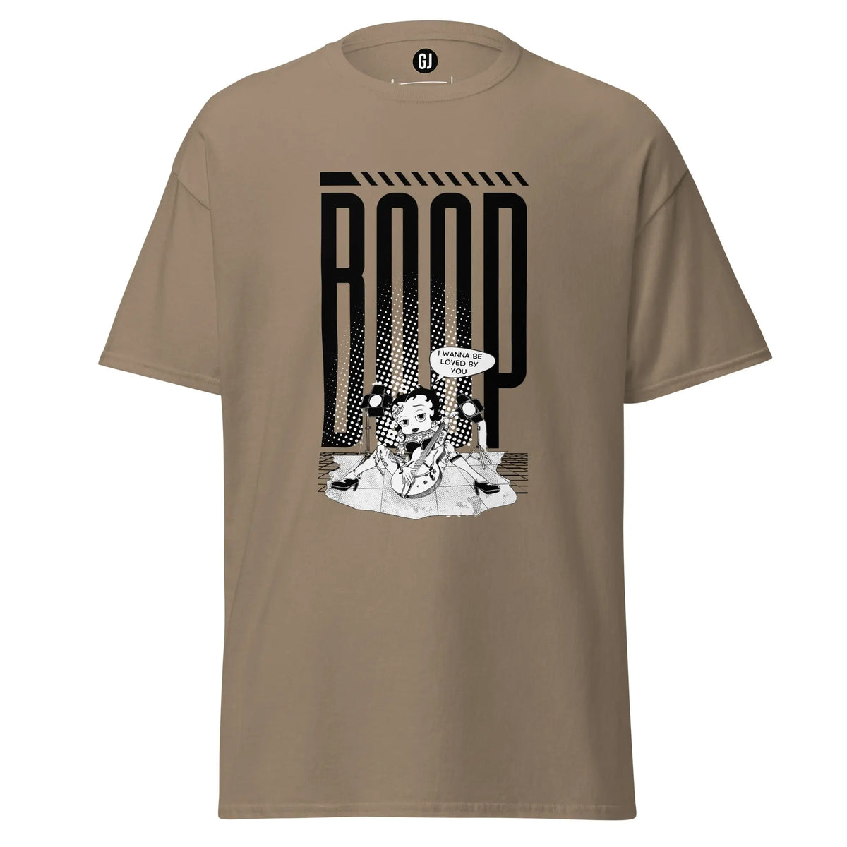Brown Savana graphic t-shirt featuring Betty Boop with guitar and bold pop-inspired stage design