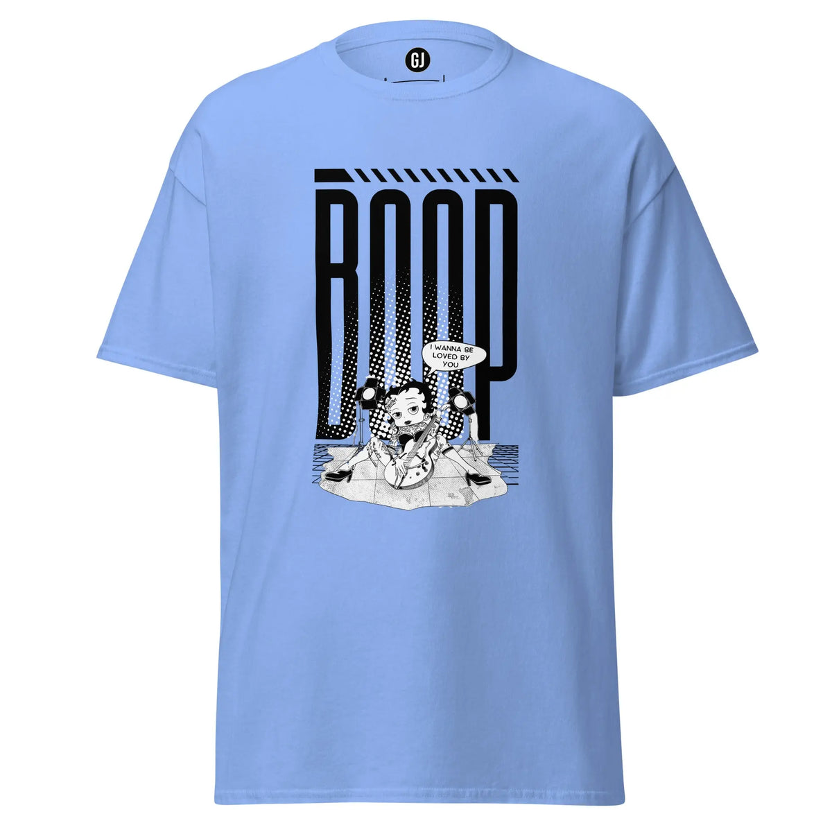 Carolina Blue graphic t-shirt featuring Betty Boop with guitar and bold pop-inspired stage design