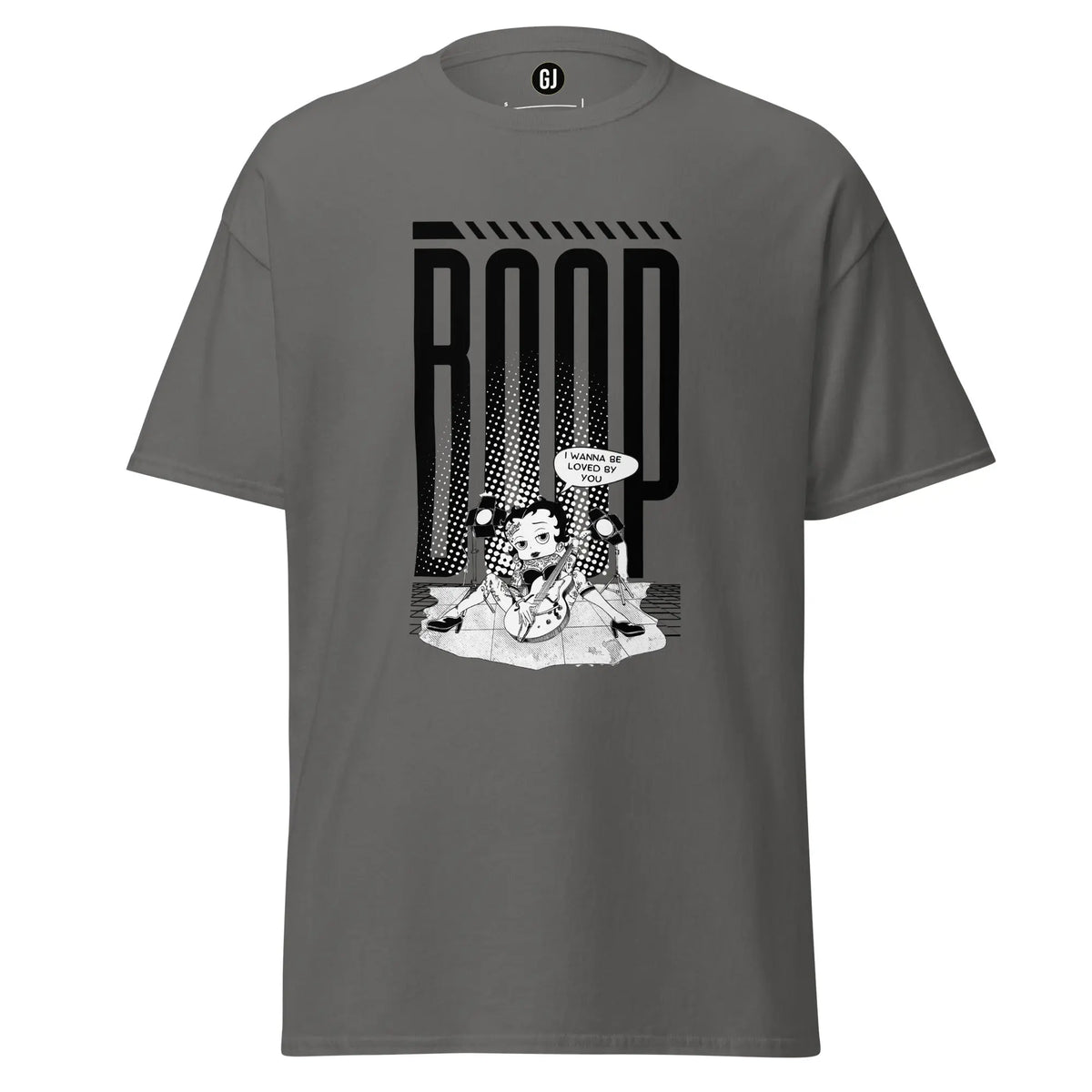 Charcoal graphic t-shirt featuring Betty Boop with guitar and bold pop-inspired stage design