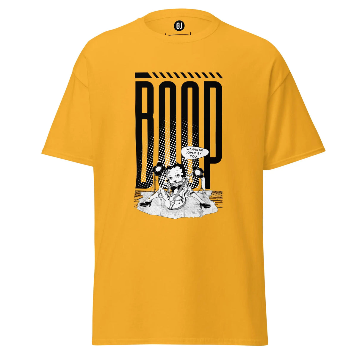 Gold graphic t-shirt featuring Betty Boop with guitar and bold pop-inspired stage design
