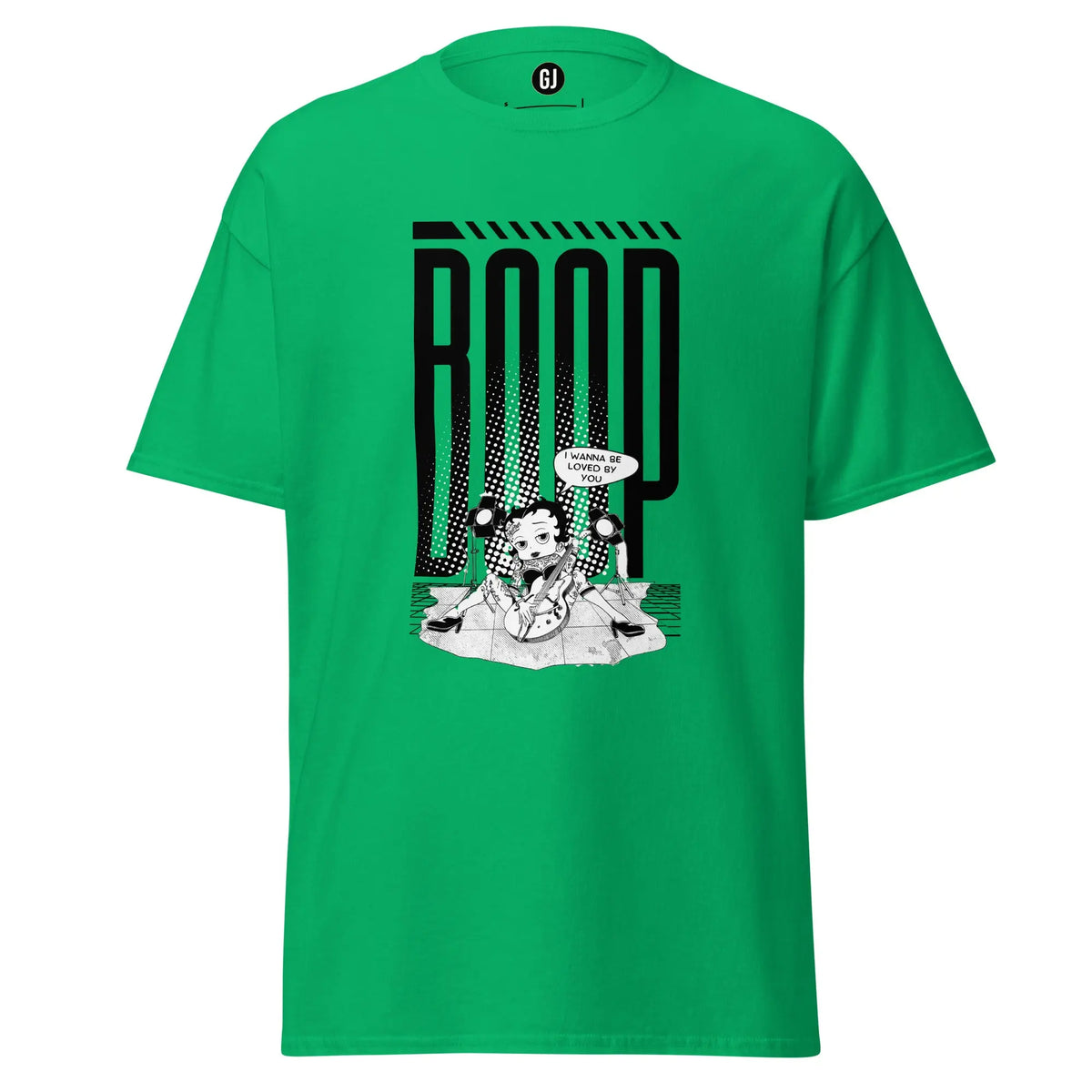 Irish Green graphic t-shirt featuring Betty Boop with guitar and bold pop-inspired stage design