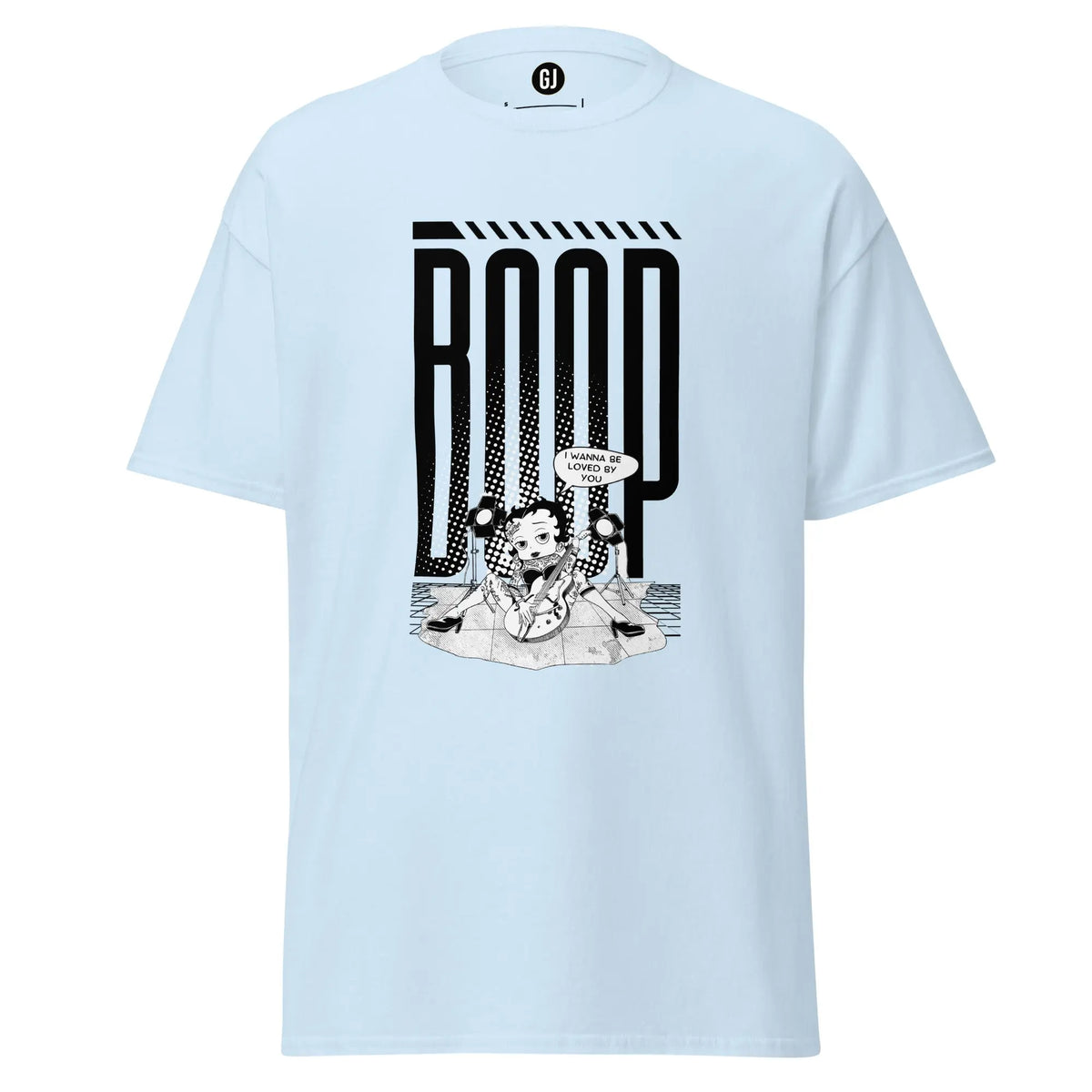 Light blue graphic t-shirt featuring Betty Boop with guitar and bold pop-inspired stage design