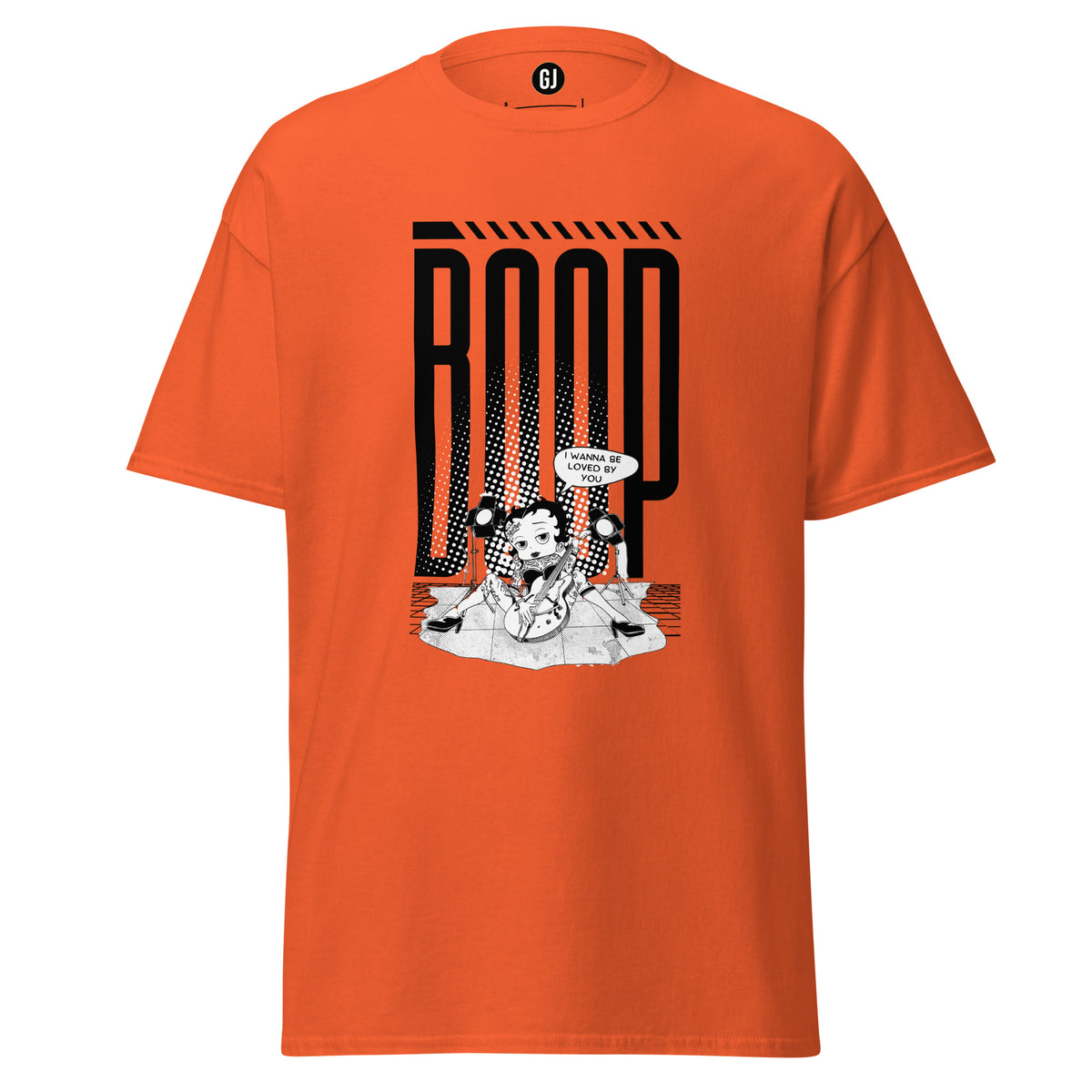 Orange graphic t-shirt featuring Betty Boop with guitar and bold pop-inspired stage design