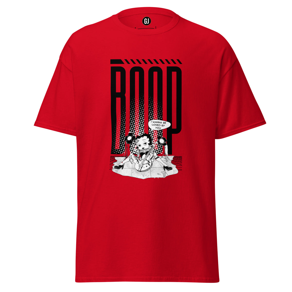 Red graphic t-shirt featuring Betty Boop with guitar and bold pop-inspired stage design