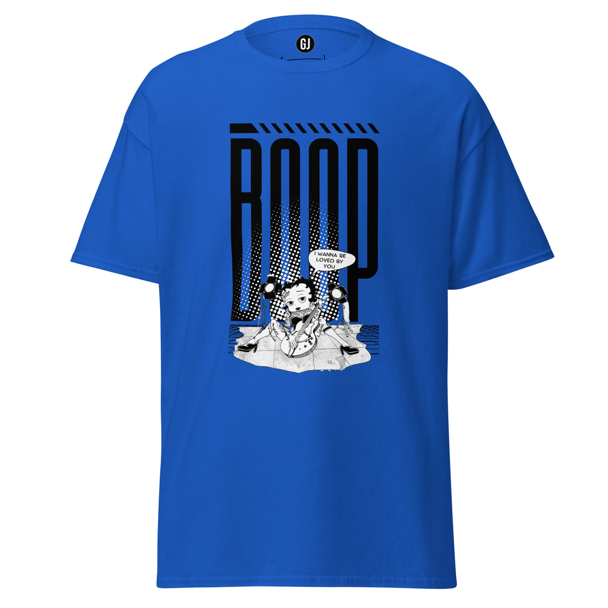 Royal graphic t-shirt featuring Betty Boop with guitar and bold pop-inspired stage design