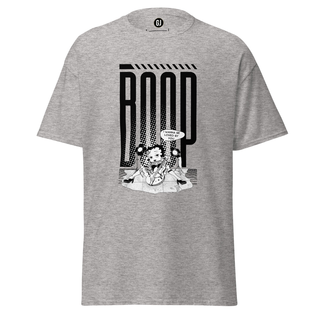 Sport Grey graphic t-shirt featuring Betty Boop with guitar and bold pop-inspired stage design