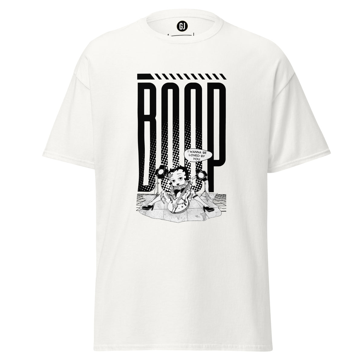 White graphic t-shirt featuring Betty Boop with guitar and bold pop-inspired stage design