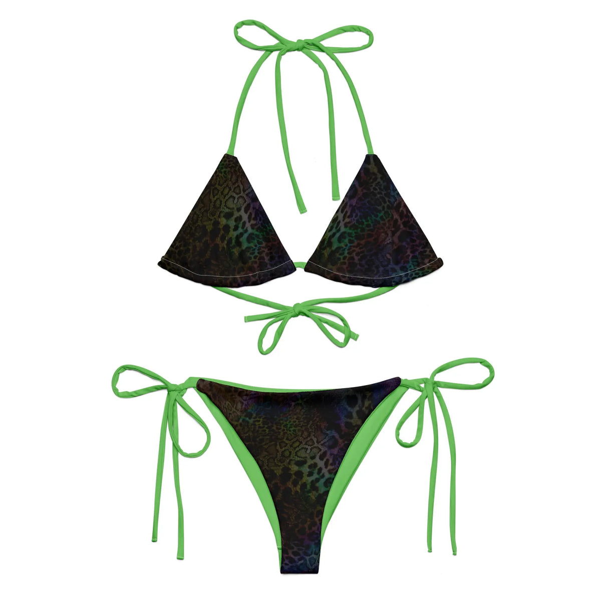  Black Leopard Print and Green String Bikini Set