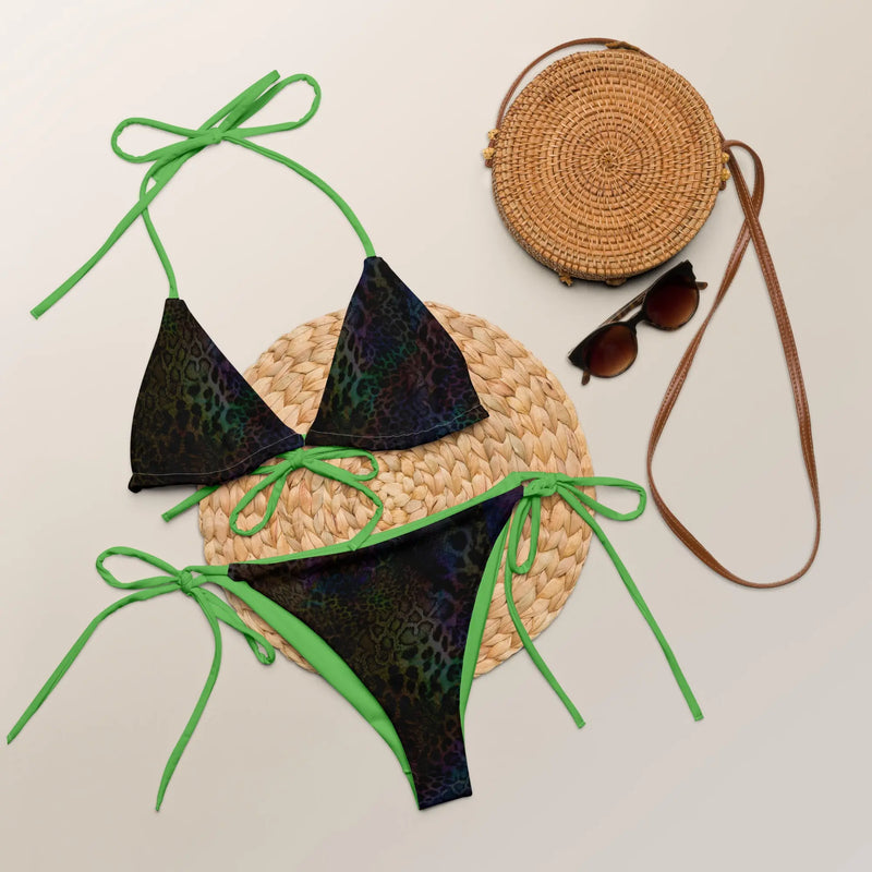 Black Leopard Print and Green String Bikini Set