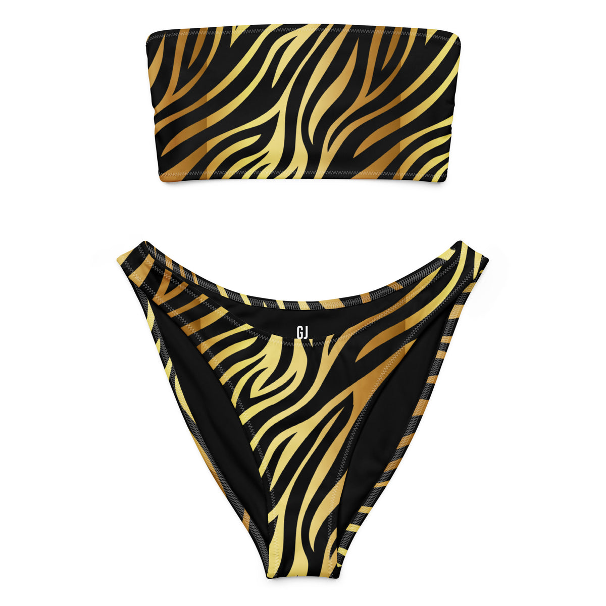 Black and gold zebra print bandeau bikini with strapless top and V-cut high-leg bottom