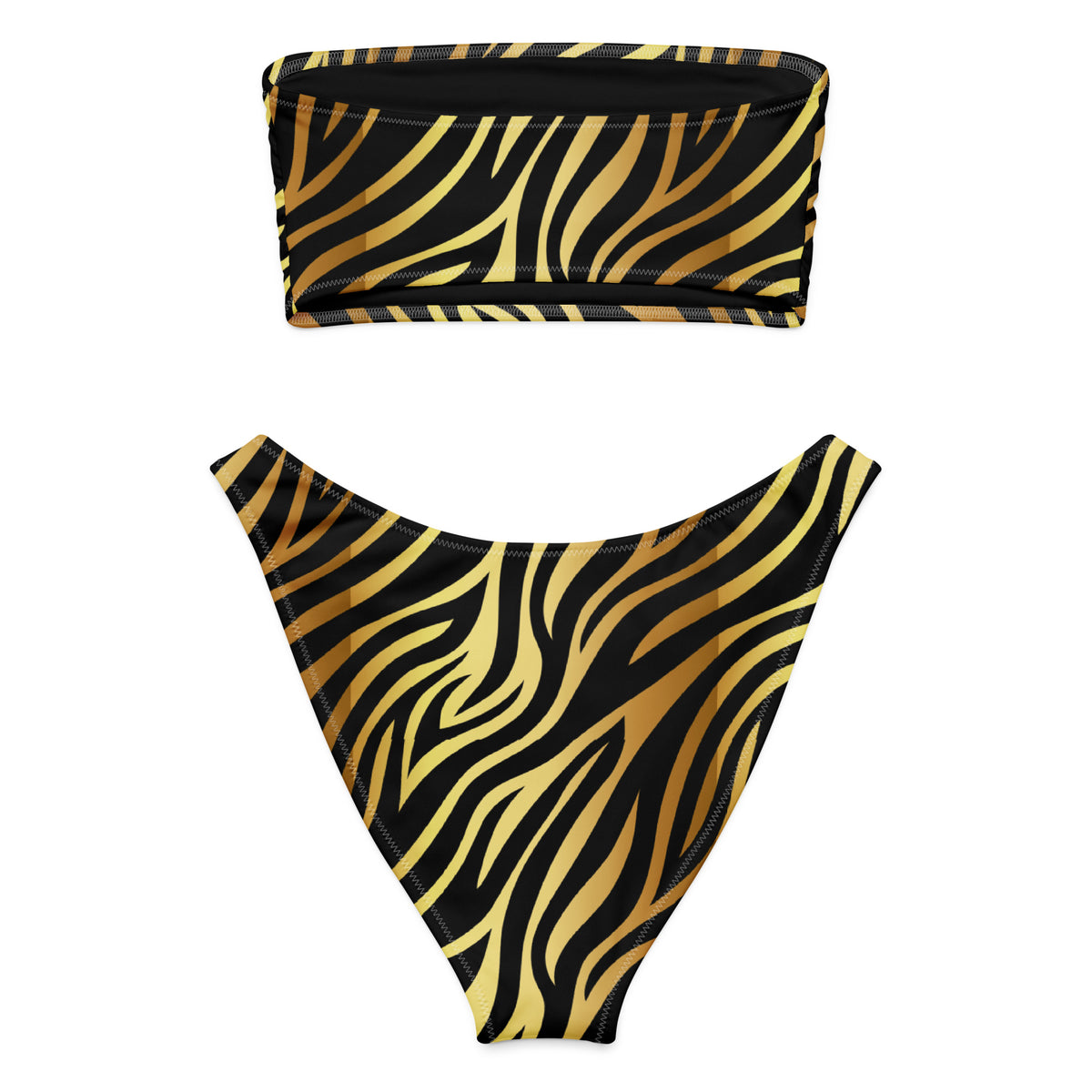 Back of a Black and gold zebra print bandeau bikini with strapless top and V-cut high-leg bottom