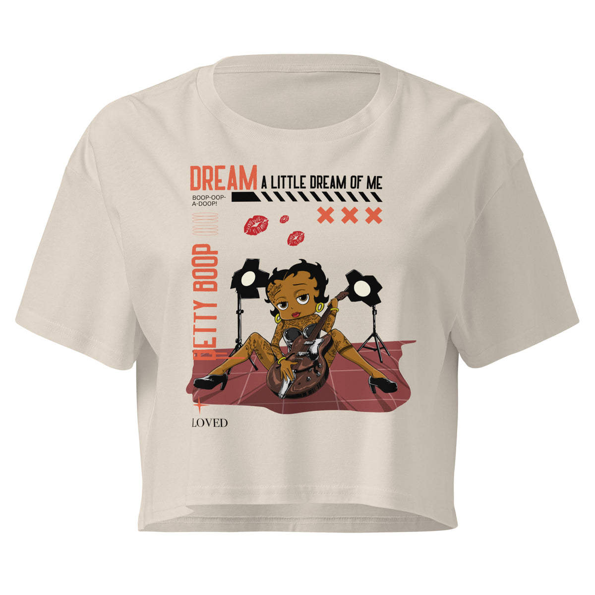 Bone women’s crop top with Rockstar Betty Boop graphic holding guitar under stage lights
