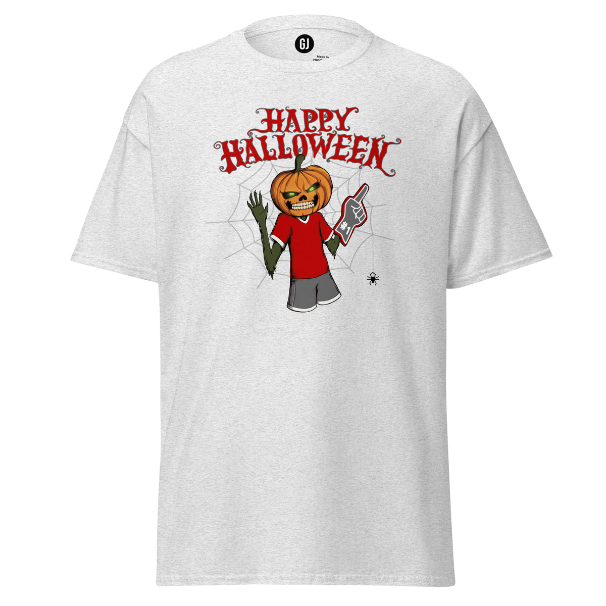 Ash Buckeye-inspired Halloween T-shirt featuring a pumpkin-headed football fan holding a foam finger beneath red Happy Halloween text