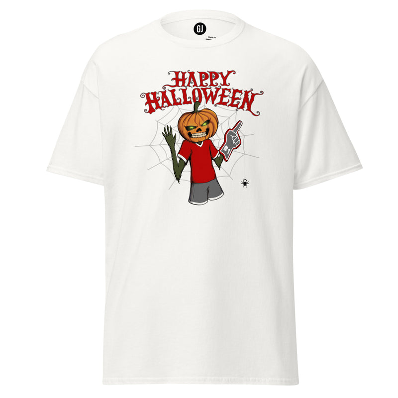 White Buckeye-inspired Halloween T-shirt featuring a pumpkin-headed football fan holding a foam finger beneath red Happy Halloween text