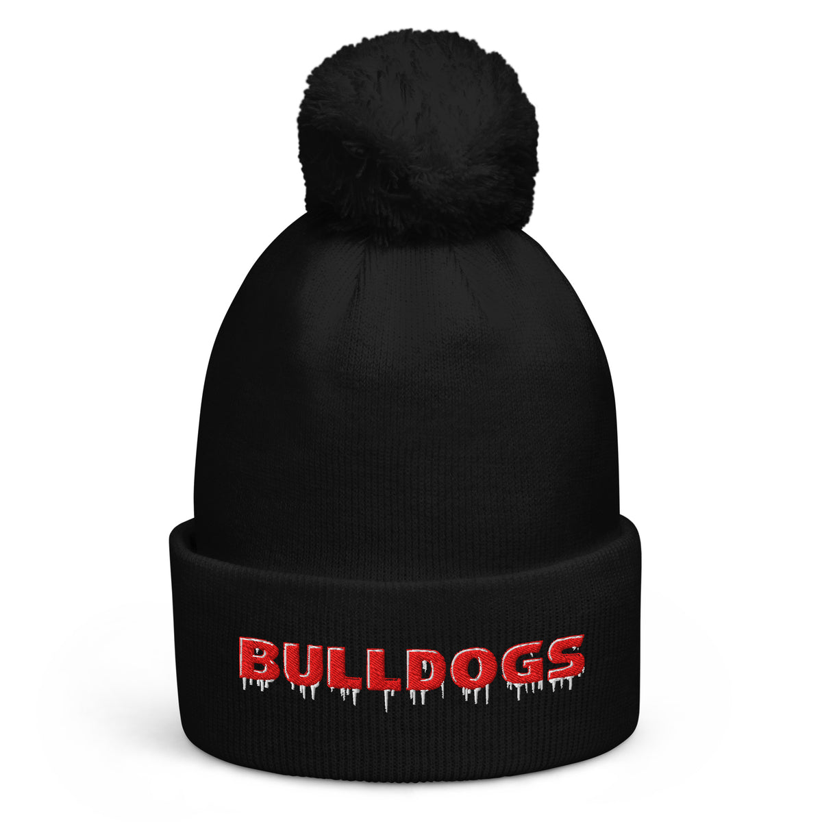 Black pom pom beanie with red and white embroidered Bulldogs lettering and icy drip-style accents on the cuff