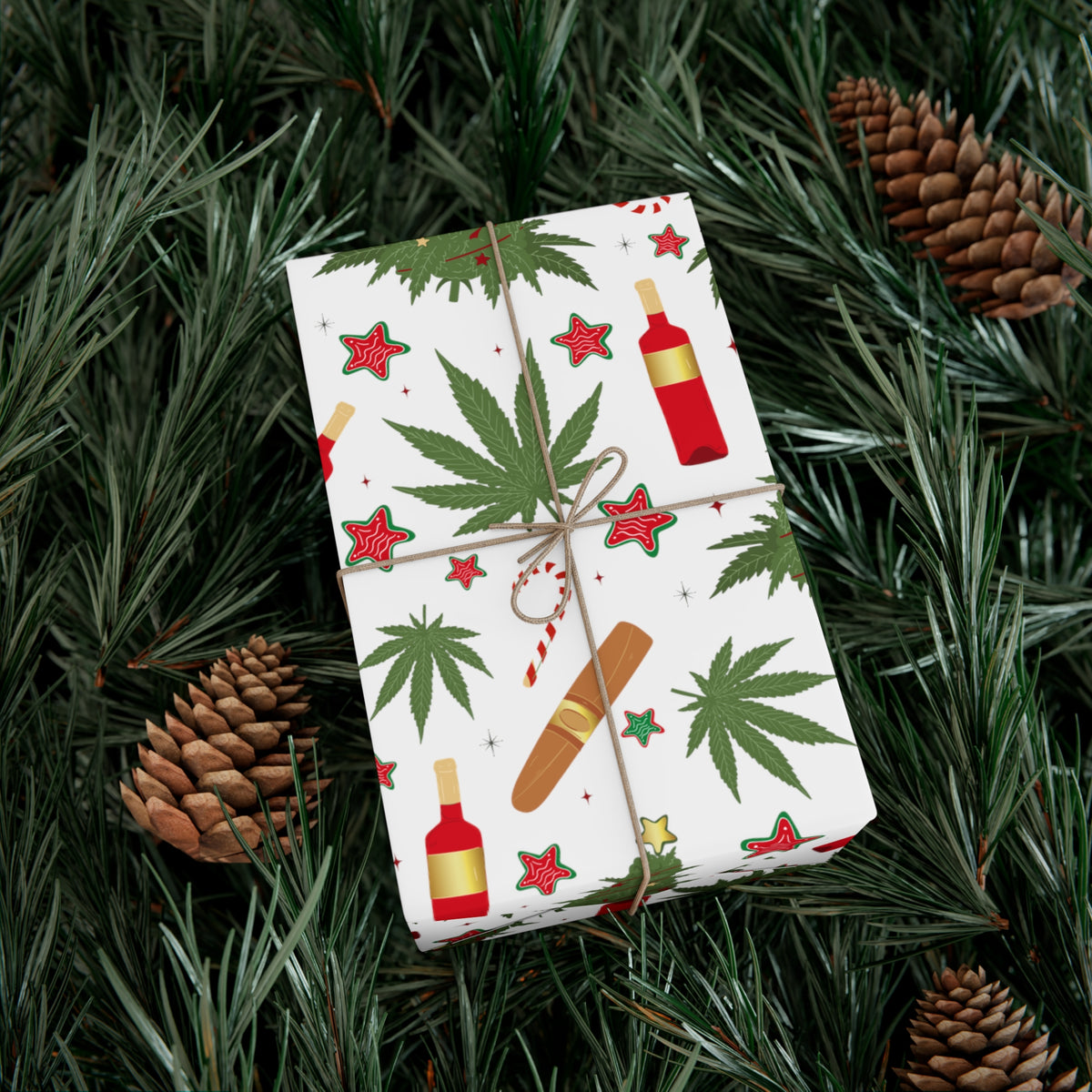 Cannabis, Christmas Trees, Wine & Candy Canes Gift Wrapping Paper